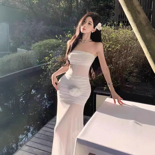 Elegant Bohemian Sexy Sheer Mesh Floral Strapless Dress for Women, Form-Fitting Design, Chic Long Dress