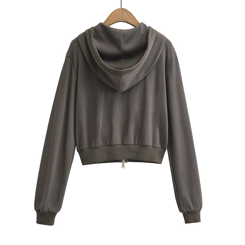 Drawstring zipper hooded long sleeved sweatshirt