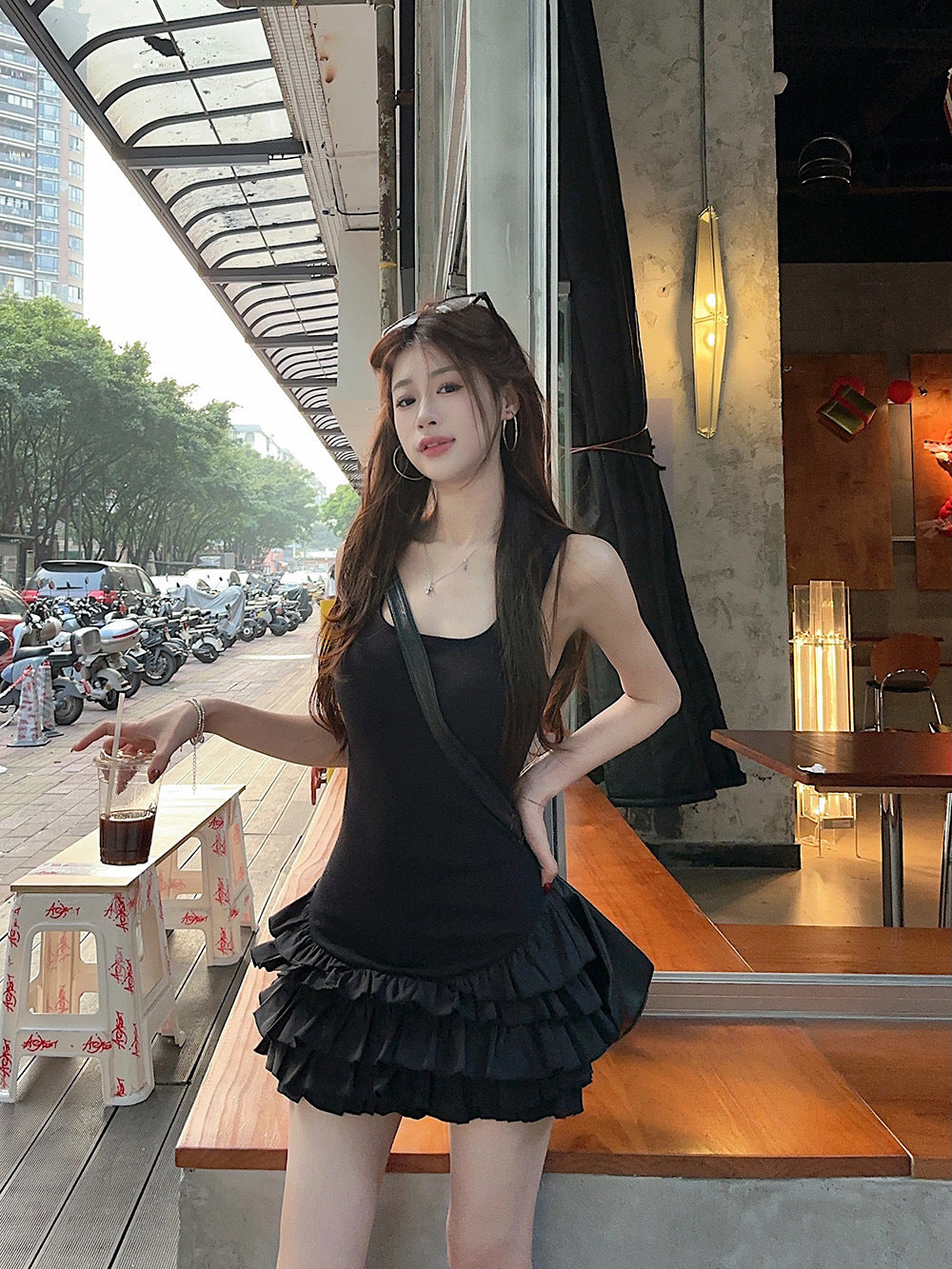 Ballet Style White Lace Spliced Strap Dress for Women Slim Fit Puffy Cake Short Dress