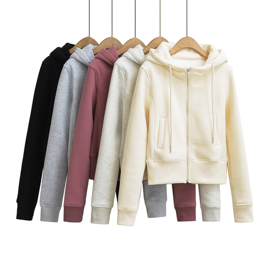 Drawstring hooded long sleeved jacket sweatshirt