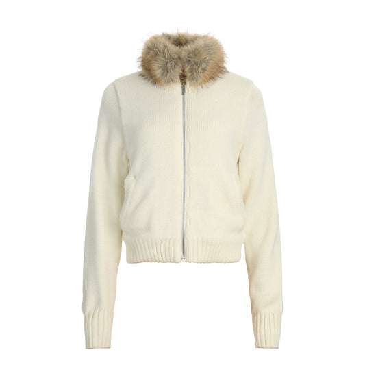 Retro warm fur collar knitted jacket for women