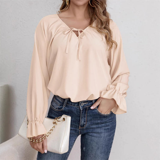 Spring and Autumn Fashion Commuter Shirt for Women, Lotus Sleeve, Long Sleeve, V-Neck, Loose Fit, Belted Top