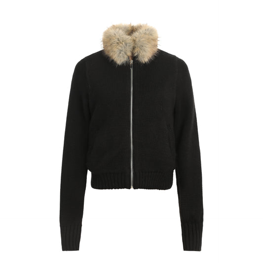 Retro warm fur collar knitted jacket for women