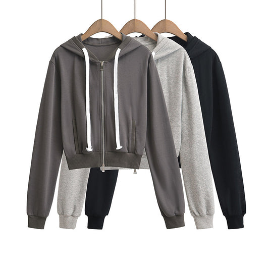 Drawstring zipper hooded long sleeved sweatshirt