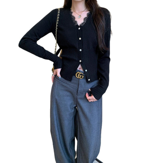 Elegant V-Neck Lace Spliced Slim Fit Top for Women