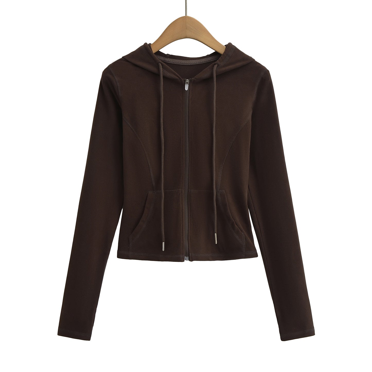 Drawstring hooded zipper long sleeved sweatshirt