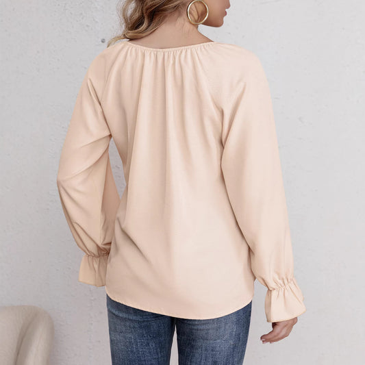 Spring and Autumn Fashion Commuter Shirt for Women, Lotus Sleeve, Long Sleeve, V-Neck, Loose Fit, Belted Top