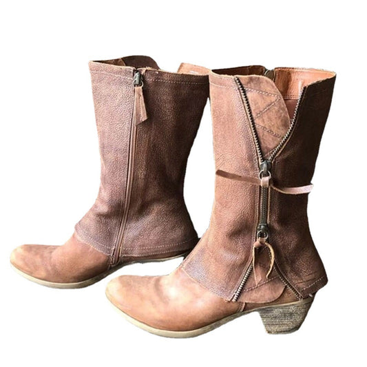 Side zipper thick heel mid leg knight boots for women retro round toe mid heel thin leather boots