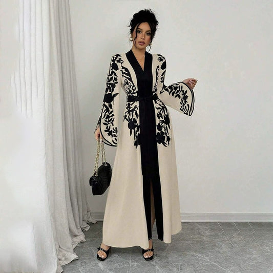 Clothing V-neck Long Sleeve Printed Flared Dress with Tie Waist Long Cardigan Style Women's Dress