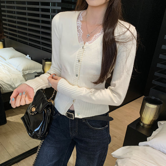 Elegant V-Neck Lace Spliced Slim Fit Top for Women