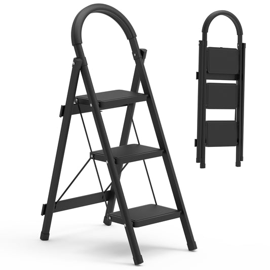 1Pc 3Step Foldable Ladder With Wide Anti-Slip Pedal Safety Locking Design Soft Handgrip Portable Lightweight Folding Step Stool 330LBS Load Capacity For Household Kitchen Office