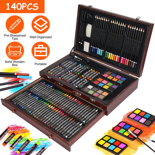 140Pcs Art Supplies With Colored Pencils Oil Pastels Crayons, Watercolor Cakes Brushes Sharpener Eraser In Elegant Wooden Box Professional Art Kit For Kids Adults Beginners Pros Office Supplies