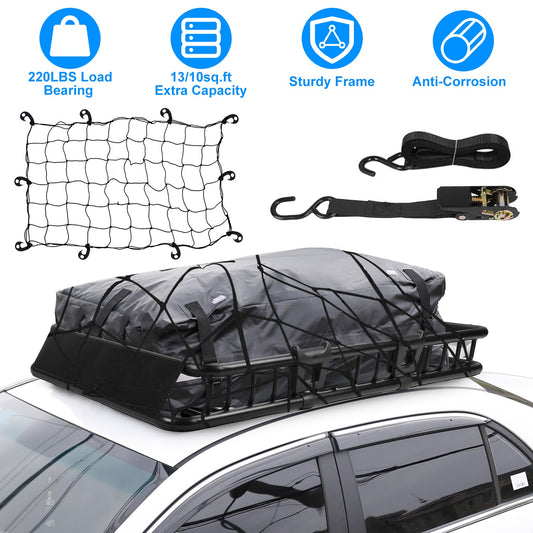 1Pc 63x39x6.3in Universal Roof Rack Cargo Carrier Car Top Luggage Holder Basket With Hook Strap Elastic Net
