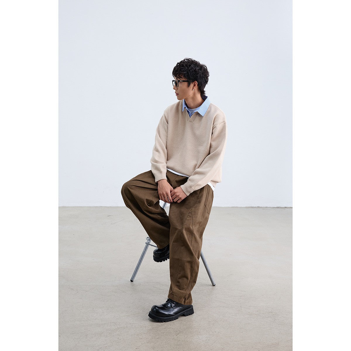 Fake Two-Piece Stripe Turn-Down Collar Sweater Top Knitwear