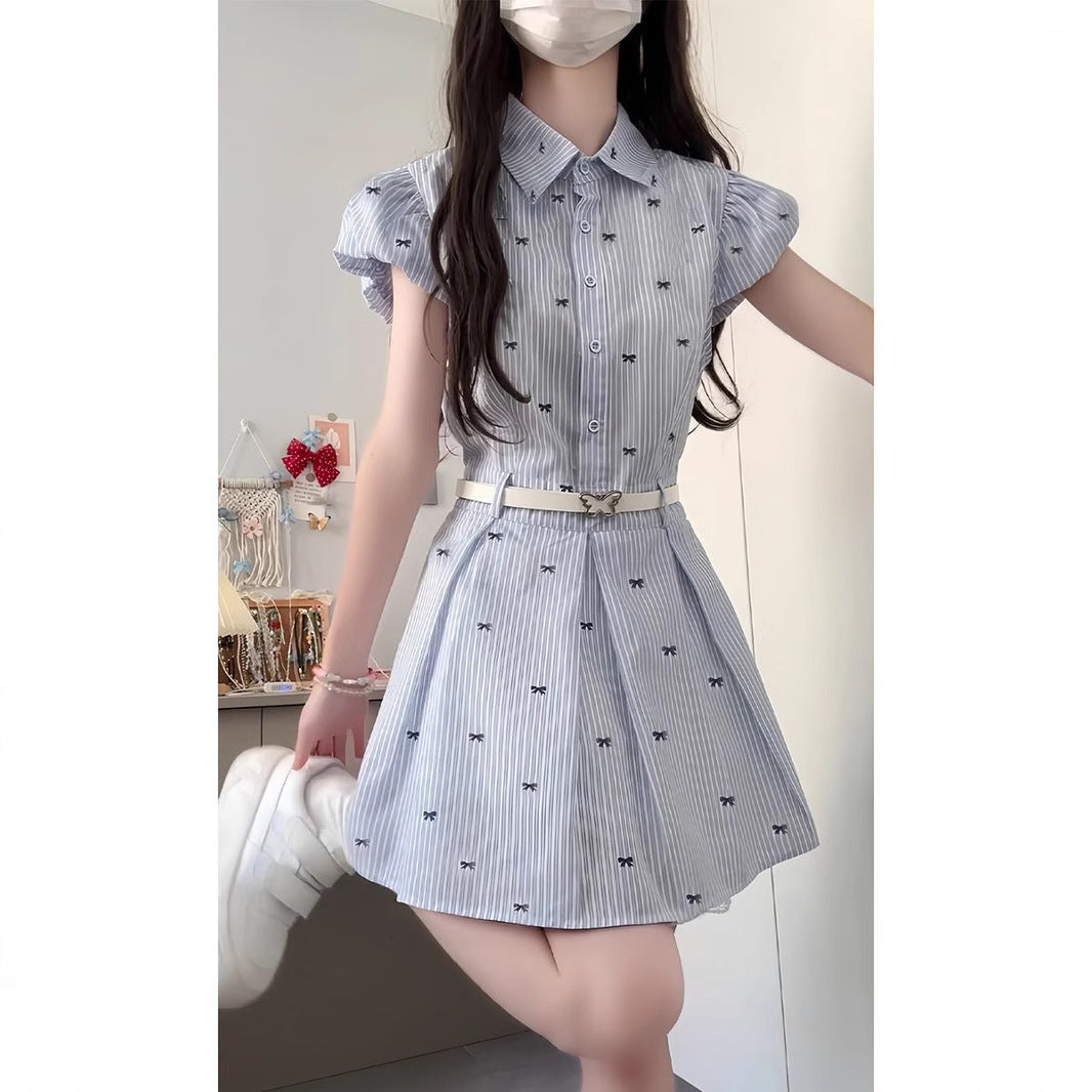Blue Stripe Fitted Short Sleeve Shirt Dress for WomenPetite Friendly, Short Dress