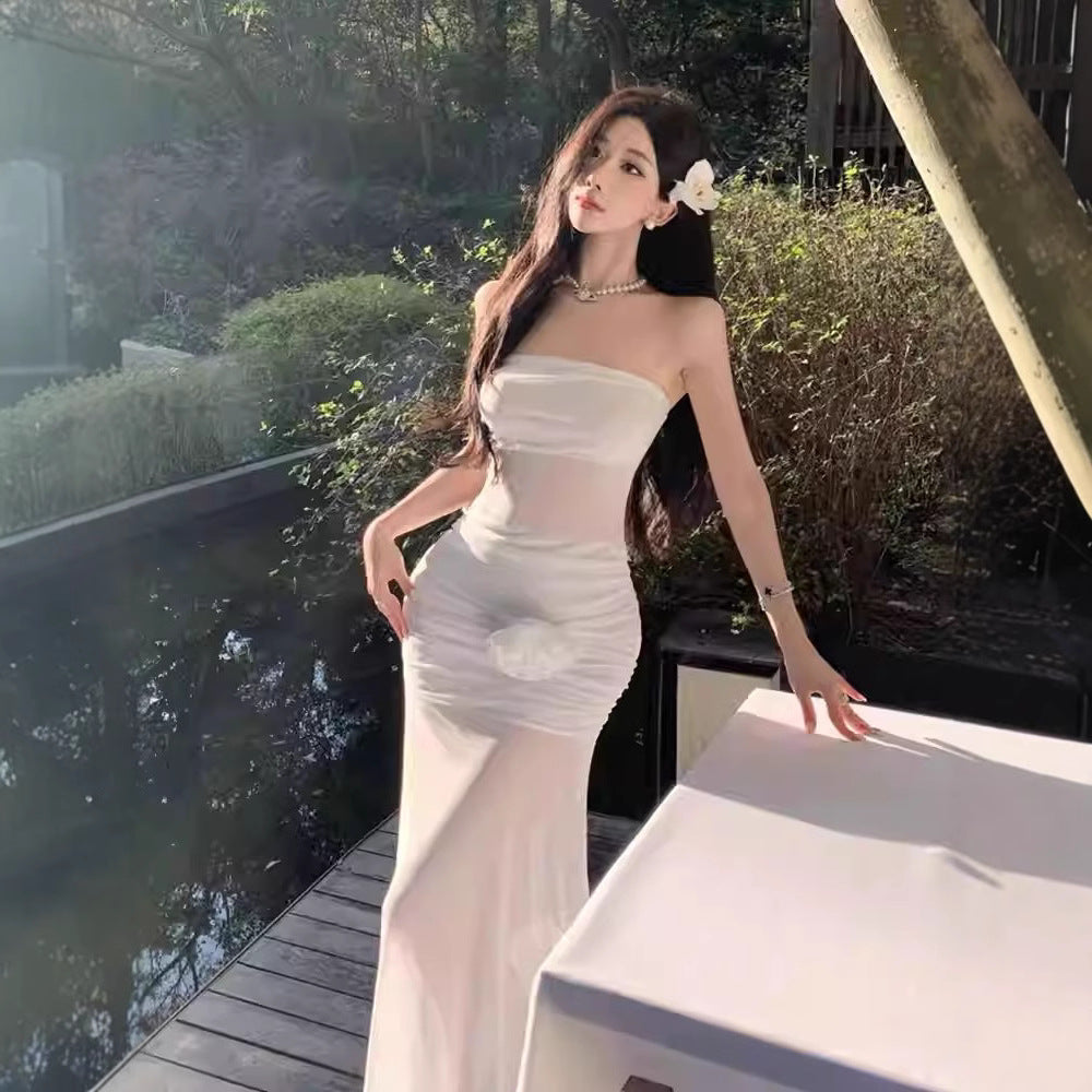 Elegant Bohemian Sexy Sheer Mesh Floral Strapless Dress for Women, Form-Fitting Design, Chic Long Dress
