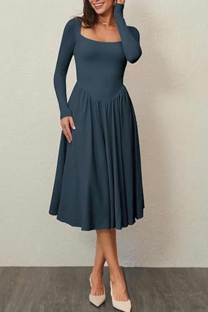Long Sleeve Solid Color Fitted Square Neck Pleated Dress for Women