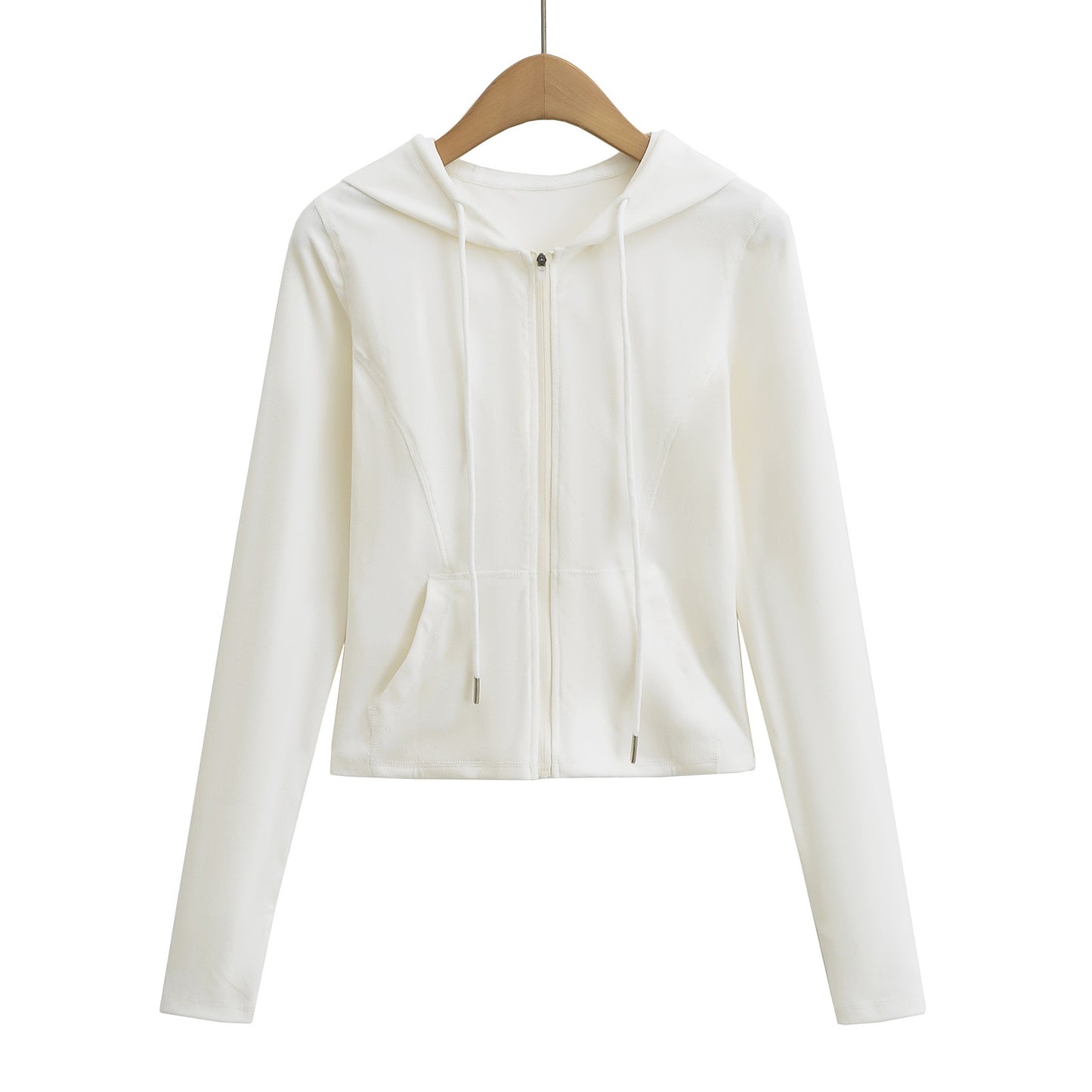 Drawstring hooded zipper long sleeved sweatshirt