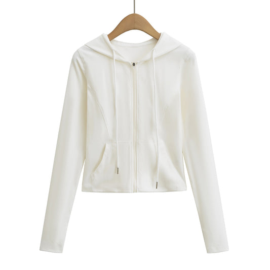 Drawstring hooded zipper long sleeved sweatshirt
