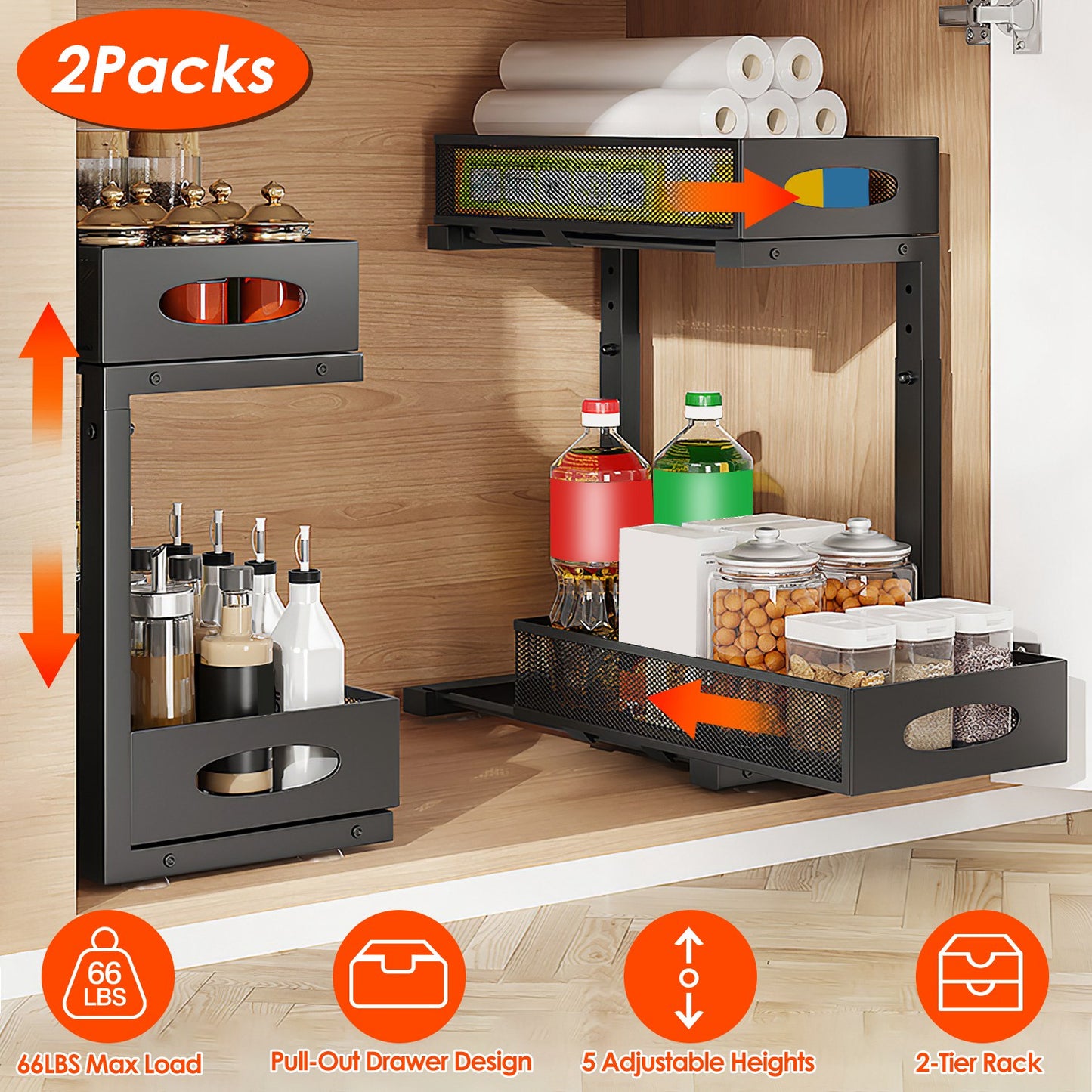 2Pcs Under Sink Organizer 2 Tier Pull Out Cabinet Baskets Storage Shelf Sliding Storage Drawers Rack With 5 Adjustable Height Mesh Baskets For Home Kitchen Bathroom Office