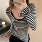 Design Sense Flared Sleeve Stripe V-Neck Long Sleeve T-Shirt for Women