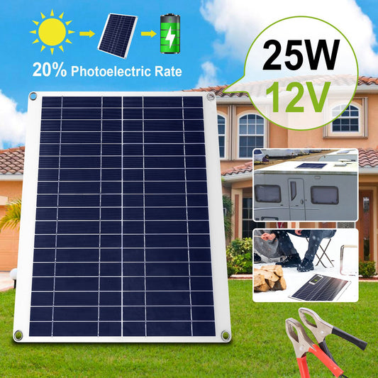 1Pc Outdoor Solar Panel 12V 25W Car Battery Charger IP68 Waterproof With 3.0A Dual USB Charging Clip Line For RV Car Boat