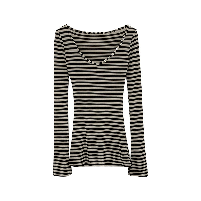 Design Sense Flared Sleeve Stripe V-Neck Long Sleeve T-Shirt for Women