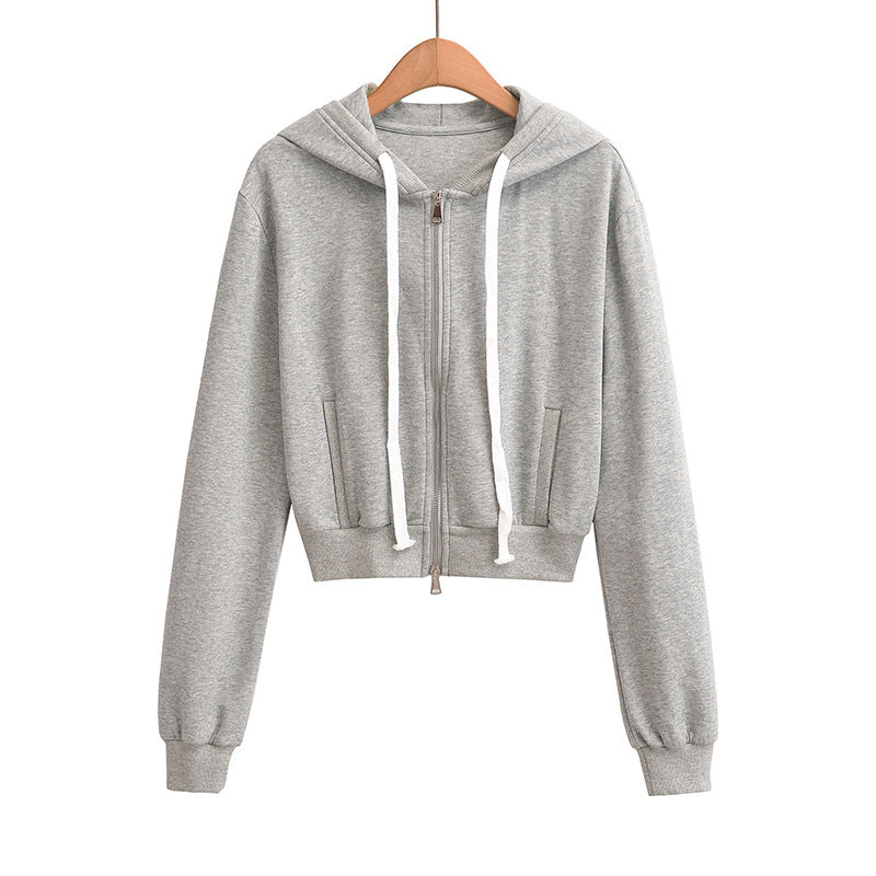 Drawstring zipper hooded long sleeved sweatshirt