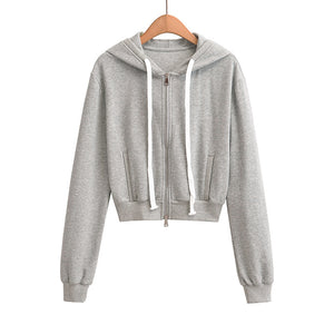 Drawstring zipper hooded long sleeved sweatshirt