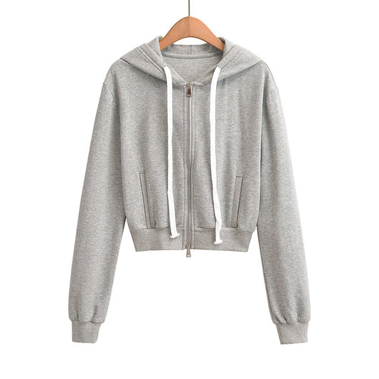 Drawstring zipper hooded long sleeved sweatshirt