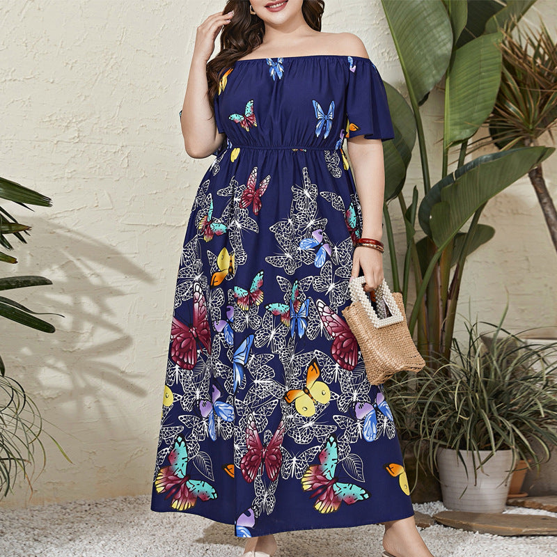 Chic Butterfly Print Off-Shoulder Long Dress for Women, Large Size, Middle Eastern Style, Youthful Look