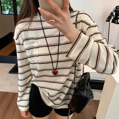 Design Sense Color-Blocking Stripe Round Neck Long Sleeve T-Shirt