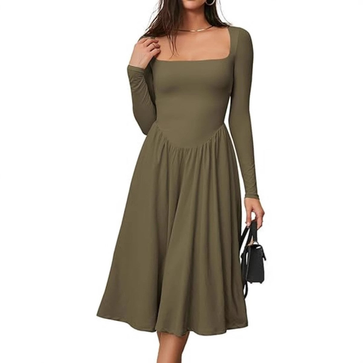Long Sleeve Solid Color Fitted Square Neck Pleated Dress for Women