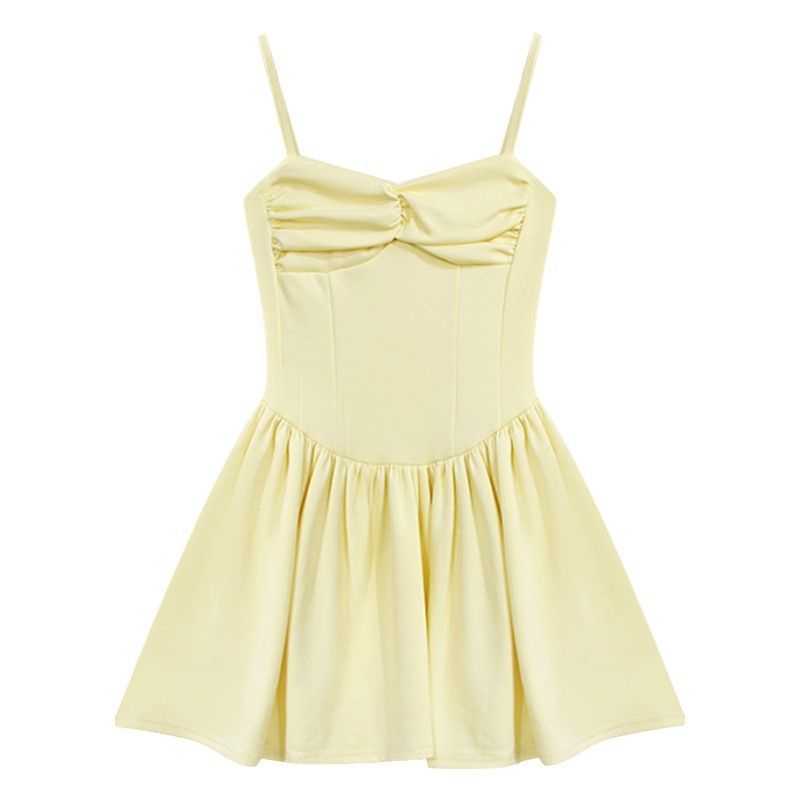 Yellow Strap Dress Women Summer Dopamine Sexy Short Figure Fitted Princess Puff Skirt Birthday Party Dress