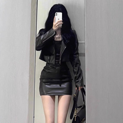 Retro Versatile American Chic Crop Leather Jacket Set, Melanin-Inspired Minimalist Black Elegant Two-Piece Outfit