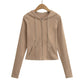 Drawstring hooded zipper long sleeved sweatshirt