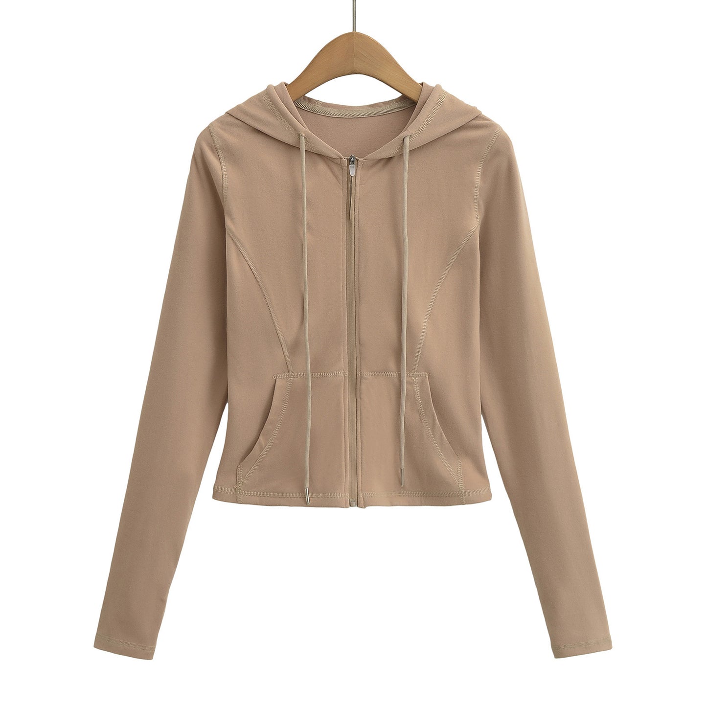 Drawstring hooded zipper long sleeved sweatshirt