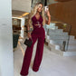 Fashion Women's V-Neck Decorative Button Waist Belt Top and Long Pants Set