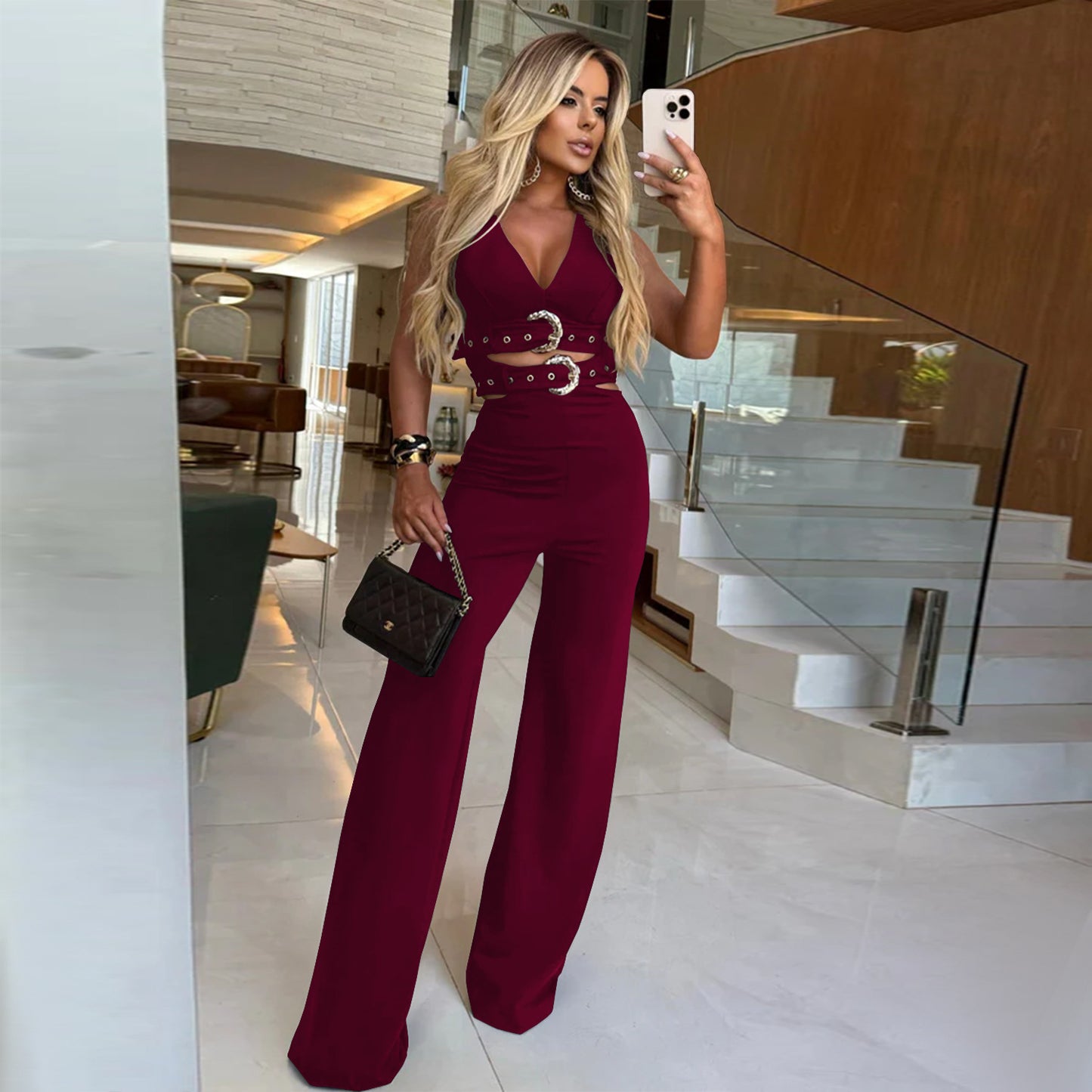 Fashion Women's V-Neck Decorative Button Waist Belt Top and Long Pants Set