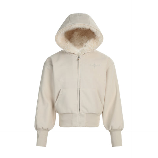 Big fur collar and velvet hooded sweatshirt jacket for women