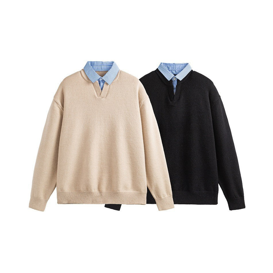Fake Two-Piece Stripe Turn-Down Collar Sweater Top Knitwear