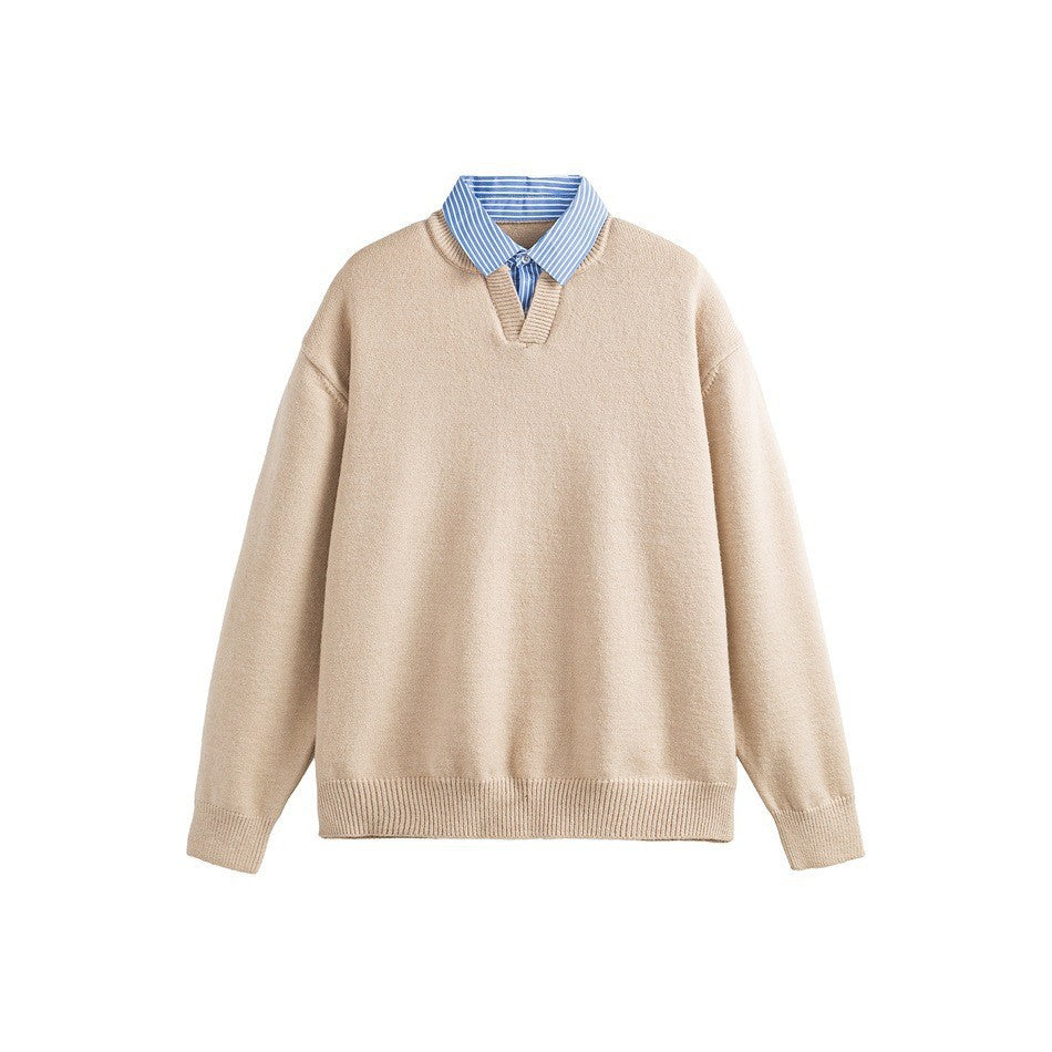 Fake Two-Piece Stripe Turn-Down Collar Sweater Top Knitwear