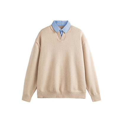 Fake Two-Piece Stripe Turn-Down Collar Sweater Top Knitwear