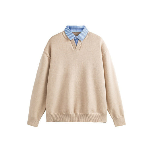 Fake Two-Piece Stripe Turn-Down Collar Sweater Top Knitwear