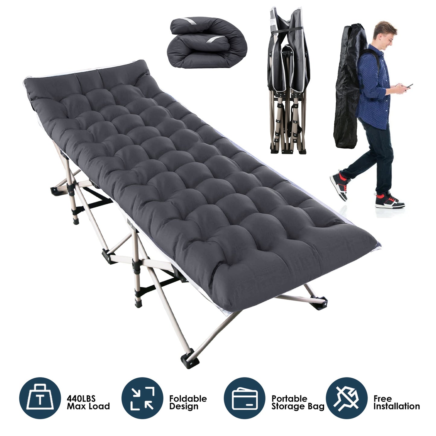 1Pc Folding Camping Cot Portable Sleeping Camping Bed Collapsible Travel Camp Cots Guest Bed Cot With 2-Sided Soft Pad 440LBS Max Load