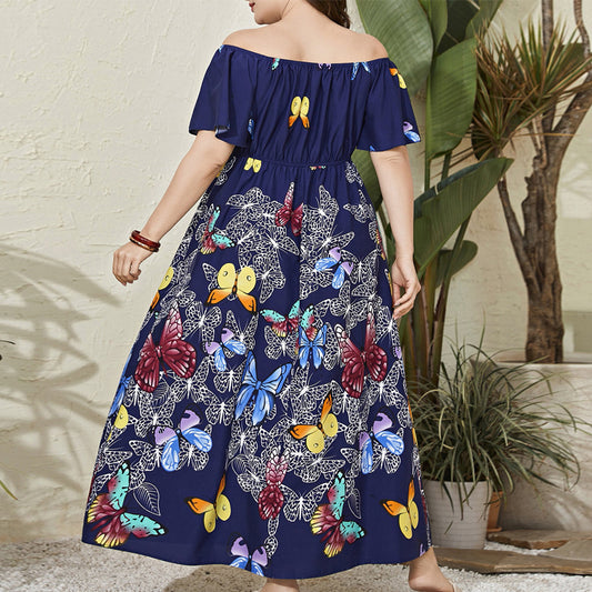 Chic Butterfly Print Off-Shoulder Long Dress for Women, Large Size, Middle Eastern Style, Youthful Look