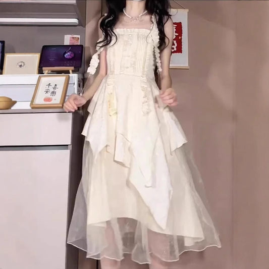 Gentle Princess Long Dress, Fairy-like Flowing Sweet Strap Irregular Pleated Dress for Women Summer