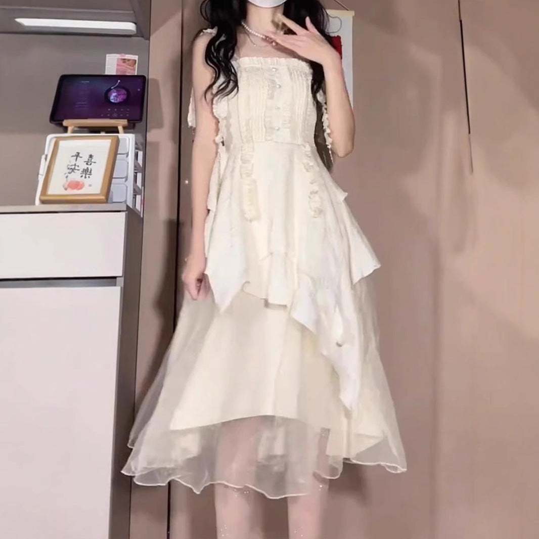 Gentle Princess Long Dress, Fairy-like Flowing Sweet Strap Irregular Pleated Dress for Women Summer