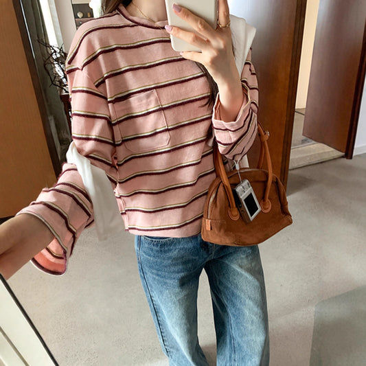 Design Sense Color-Blocking Stripe Round Neck Long Sleeve T-Shirt