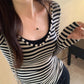 Design Sense Flared Sleeve Stripe V-Neck Long Sleeve T-Shirt for Women